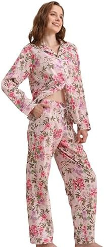 100% Cotton Pajamas for Women 2 Piece PJs Set Long Sleeve Button Down Breathable Woven Sleepwear ... | Amazon (US)