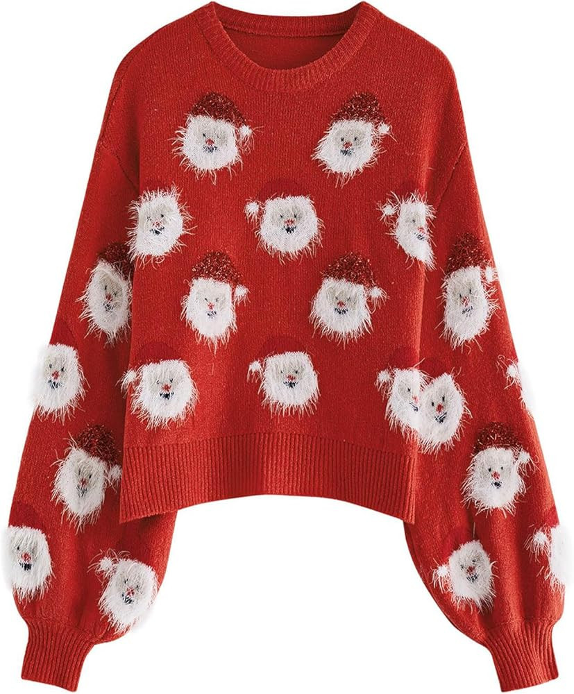 CHICWISH Women's Black/Green/Pink/Red Fuzzy Santa Claus Knit Top | Amazon (US)