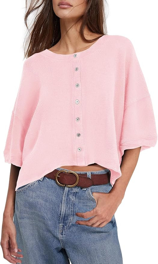 Yanekop Womens Cropped Cardigan Short Sleeve Cardigan Button Up Lightweight Cardigans Oversized B... | Amazon (US)