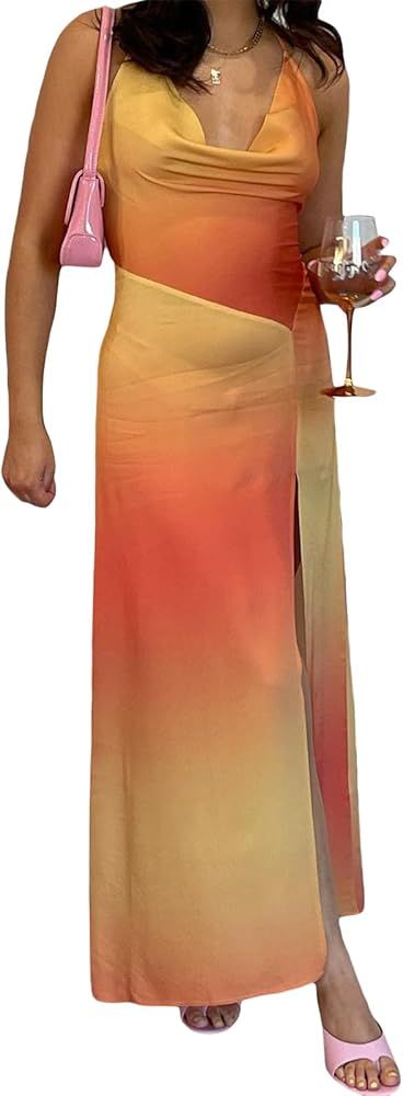 Women Boho Summer Long Casual Dress Bohemian V Neck Spaghetti Straps Maxi Dress Beachwear | Amazon (US)