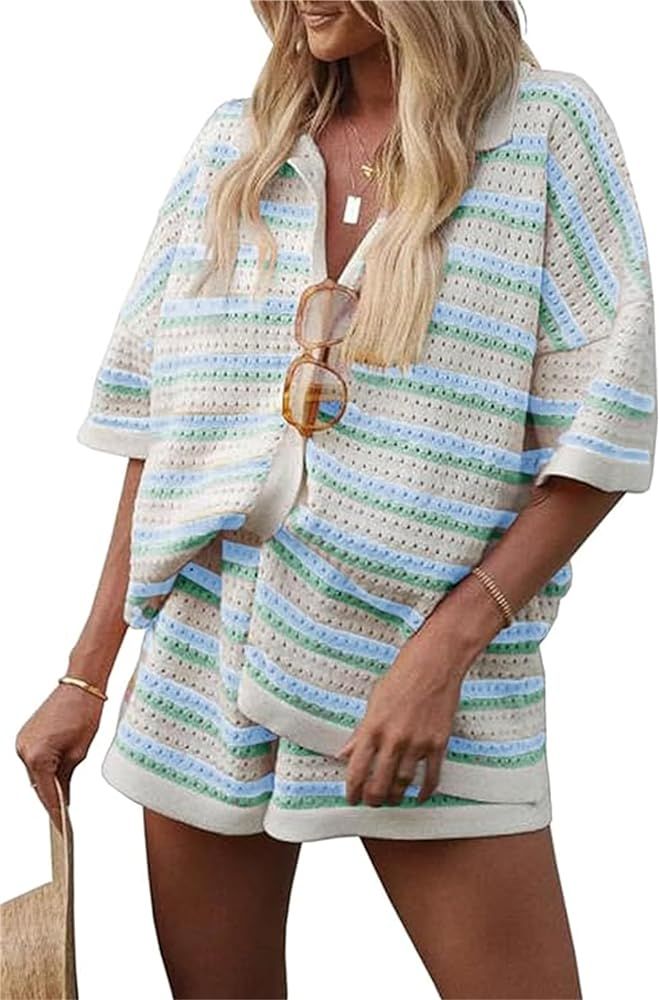 Women's 2 Piece Crochet Knit Lounge Outfits Color Block Button Top and Striped Wide Leg Shorts Pa... | Amazon (US)