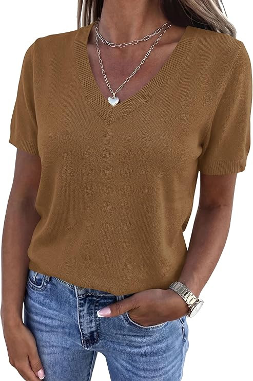 PRETTYGARDEN Womens Short Sleeve Sweater V Neck Tops | Amazon (US)