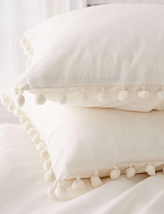 Pom-Fringe Sham Set Cotton Pillow Covers,18.9in x29.1in,Set of 2 | Amazon (CA)