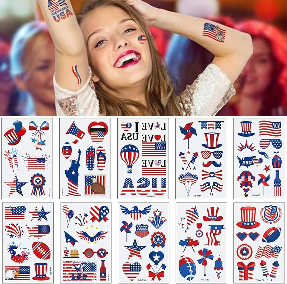 4th of July Temporary Tattoo Kids Adults, 100pcs Fake Tattoos, Independence Day Fourth of July Wa... | Amazon (US)