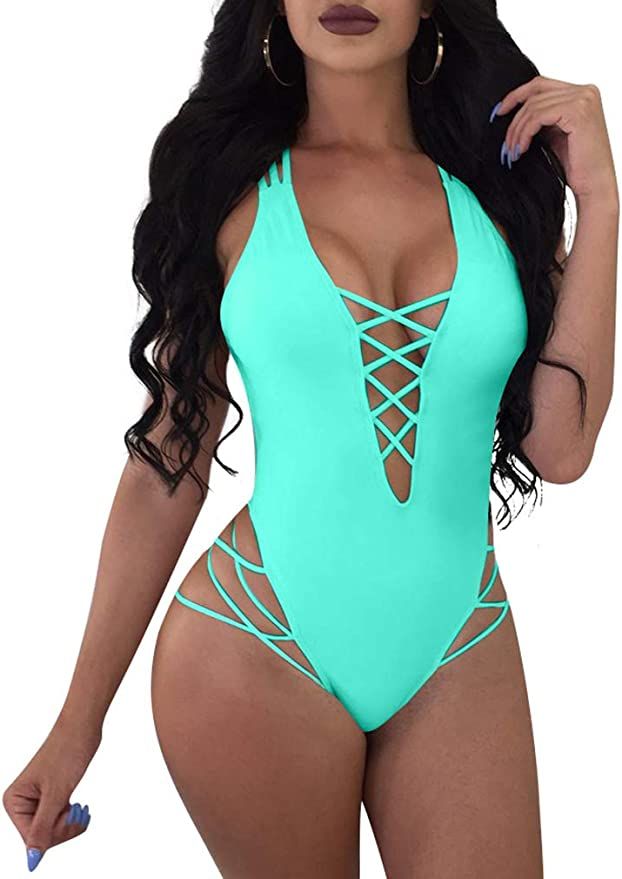 LAGSHIAN Womens Sexy One Piece Lace Up Straps Swimsuit Bathing Suit Swimwear | Amazon (US)