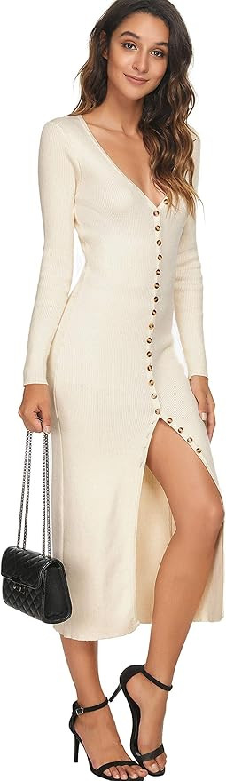 ALENDA DANMOS Womens Button Down Long Knit Cardigan Outerwear Bodycon Long Sleeves Sweater Dress ... | Amazon (US)