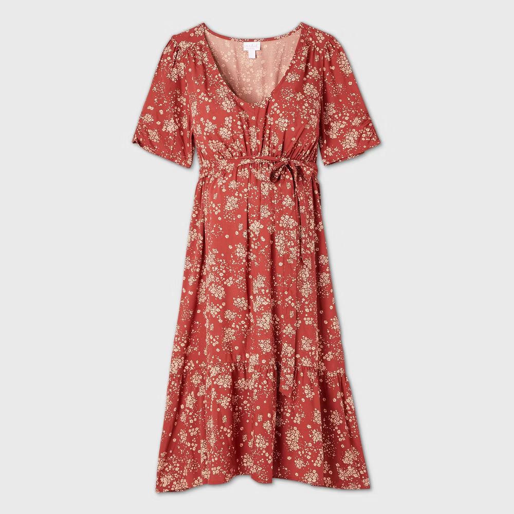 Floral Print Elbow Sleeve Woven Tier Maternity Dress - Isabel Maternity by Ingrid & Isabel Red XS | Target