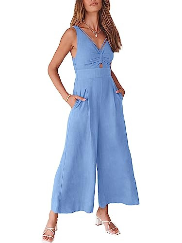 ANRABESS Women's Jumpsuits Summer Wide Leg Sleeveless V Neck Casual Dressy Linen Pants Rompers 2025 Vacation Beach Outfits Sky Blue Small | Amazon (US)