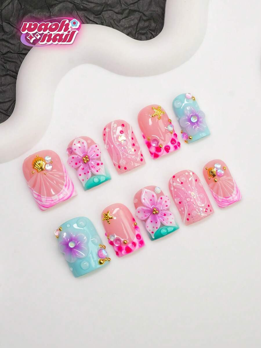 Square Type A Handmade Press-On Nails Y2K Hot Girl Style, Nude, Blue, Pink, Green, Red Nail Tips ... | SHEIN