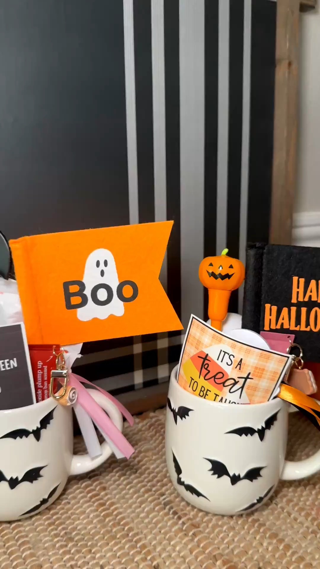 These mini Boo Baskets turned out just adorable! The mugs are a perfect way to gift these. I added in a little fall fun! The hair & body mist, pumpkin spice hot cocoa, Halloween stationery & pens & lip balm with the cutest charms! The mini pennant flags & gift tags are a spooky touch. Join me for more gift ideas🖤🎃🍁🧡

#LTKSeasonal #LTKHome #LTKBeauty