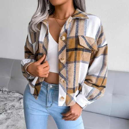 Wjhwsx Checkered Jacket Overall Button Down Aesthetic Winter Aztec Shacket Womens Long Sleeve Shirt | Walmart (US)