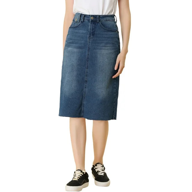 Allegra K Women's Denim Skirt Solid High Waist Back Vent Knee Length Skirt | Walmart (US)