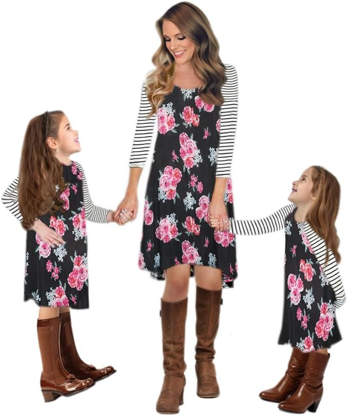 Mommy and Me Dresses Flower Print Long Sleeve Dress Family Matching Outfits One Piece Casual Dres... | Amazon (US)