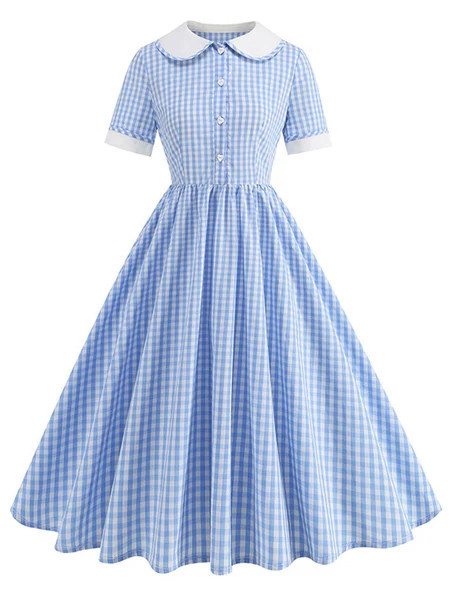 Blue 1950s Peter Pan Collar Gingham Plaid Dress | Retro Stage
