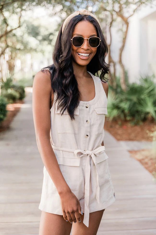 Independent Love Taupe Linen Cargo Romper | The Pink Lily Boutique