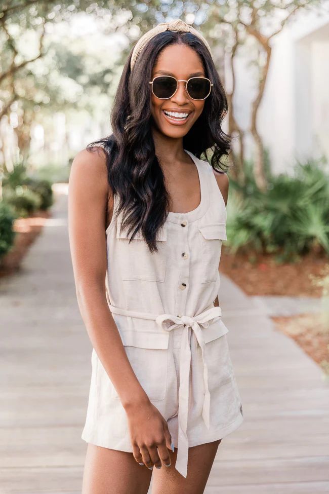 Independent Love Taupe Linen Cargo Romper FINAL SALE | The Pink Lily Boutique
