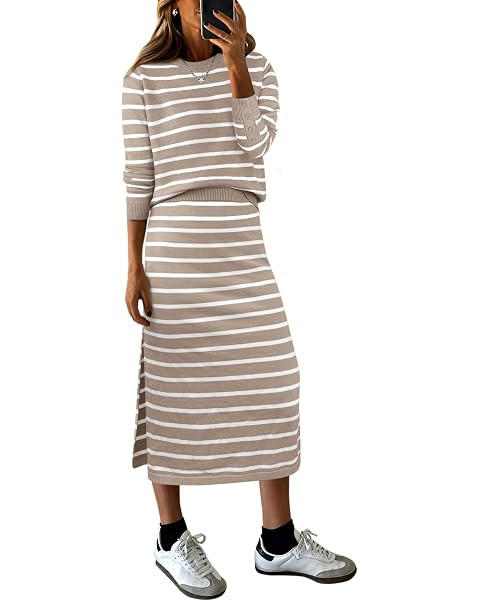 Glamaker Womens 2 Piece Skirt Sets Striped Sweater Dress Casual Polo Neck Knit Long Sleeve Midi D... | Amazon (US)