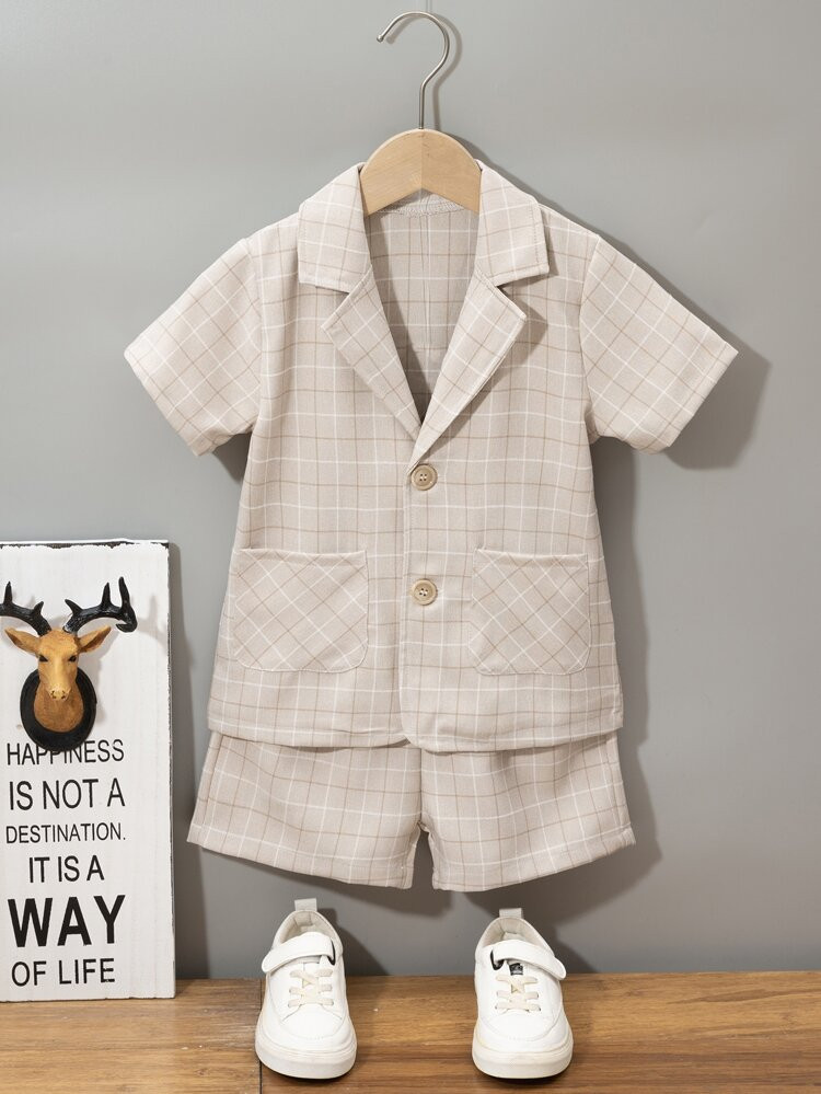 Toddler Boys Plaid Double Pocket Shirt & Shorts | SHEIN