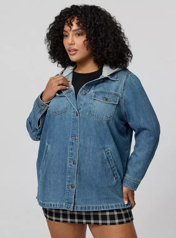Denim Hooded Shacket in Medium Blue-Denim | Torrid (US & Canada)