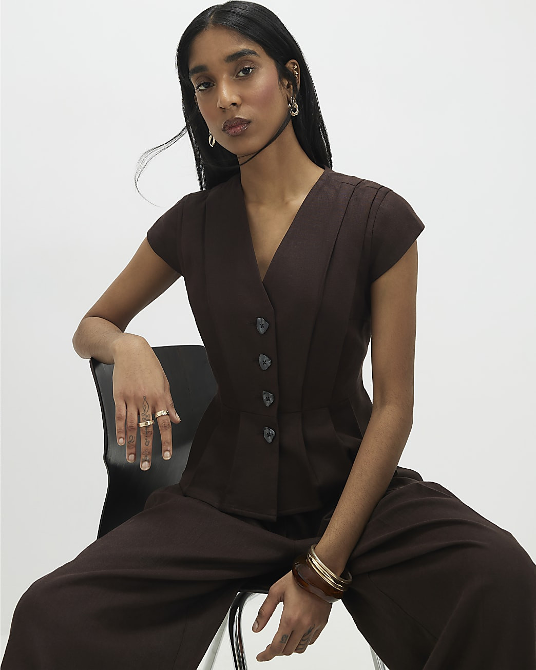 Brown Pleat Detail Top | River Island UK & IE