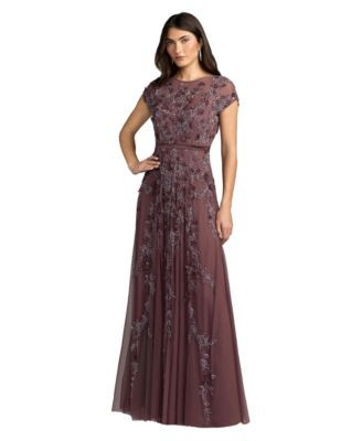 Mac Duggal Women's Floral Embellished Short Sleeve Mesh Gown - Heather | Macy's