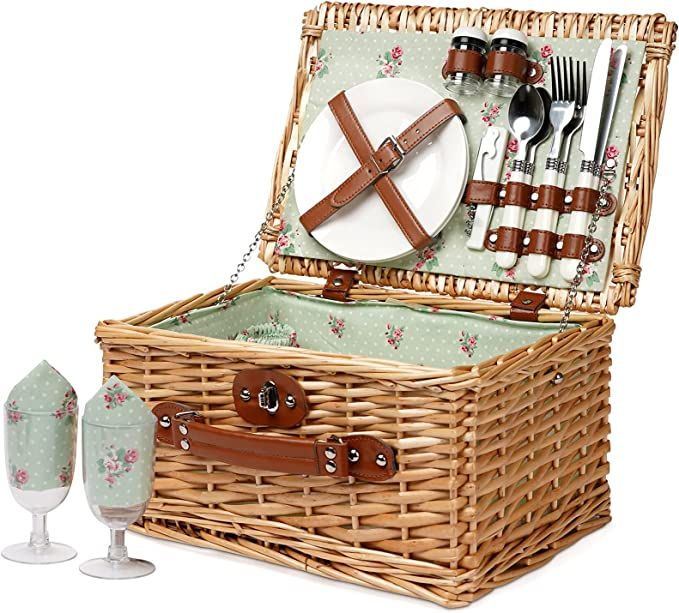 Wicker Picnic Basket for 2, Handmade Willow Hamper Basket Sets 2 Person Picnic Basket with Utensi... | Amazon (US)