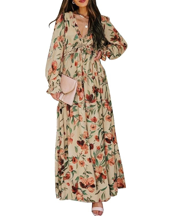 BLENCOT Womens Casual Boho Deep V Neck Short Sleeve Long Dress | Amazon (US)