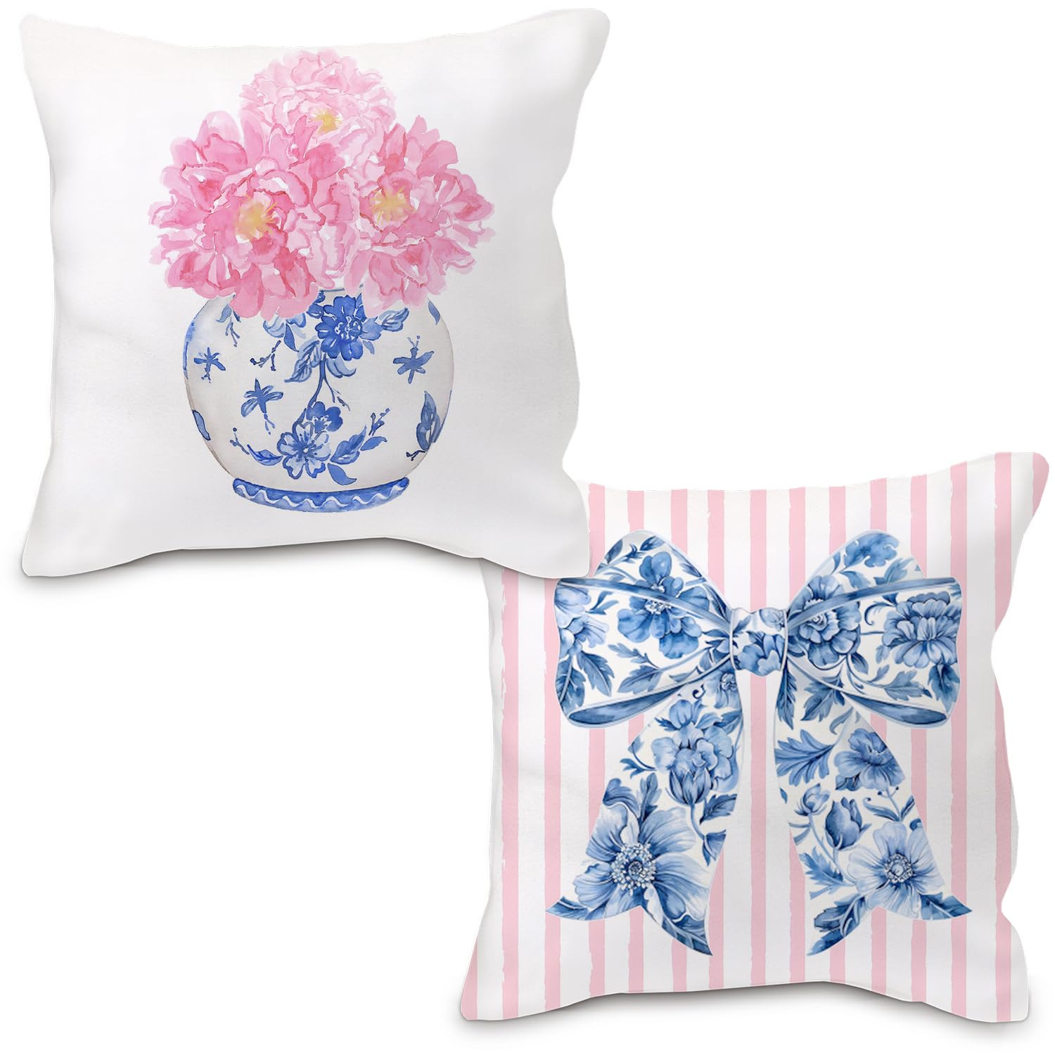 Coquette Chinoiserie Bow Pillow Covers 20x20 - Blue and White Floral Throw Pillow Cases, Pink Bow... | Amazon (US)