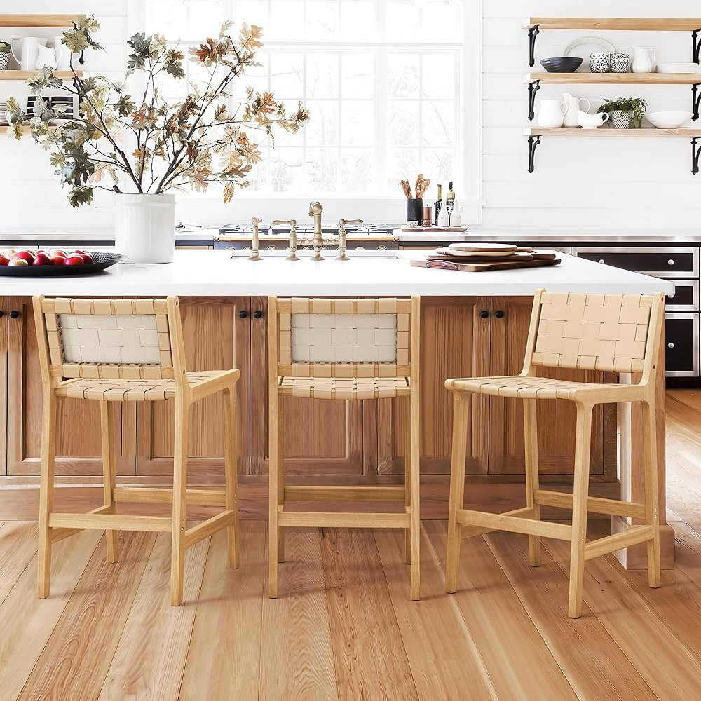 LUE BONA Counter Height Bar Stools 24inch, Set of 3 Faux Leather Woven Counter Stool with Backs, ... | Amazon (US)
