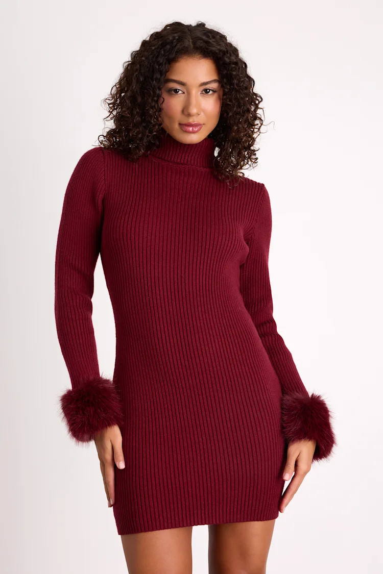Labelle Wine Red Ribbed Faux Fur Sweater Mini Dress | Lulus