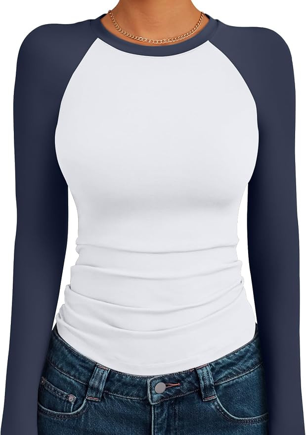 Trendy Queen Womens Long Sleeve Slim Fit Stretchy Color Block Raglan Shirts | Amazon (US)