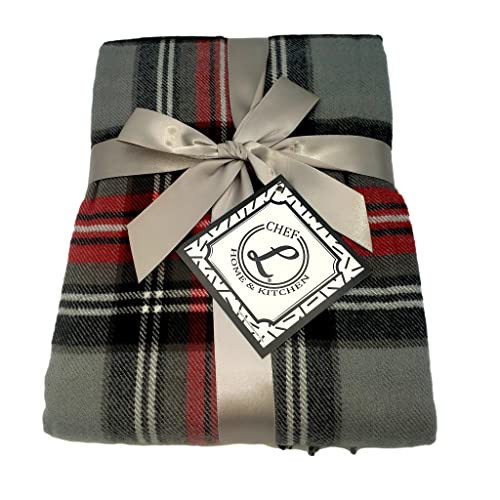 CHEF L HOME & KITCHEN Lightwight Throw Gray/RED Plaid with Tassels/Fringe- 60" x 50" | Amazon (US)
