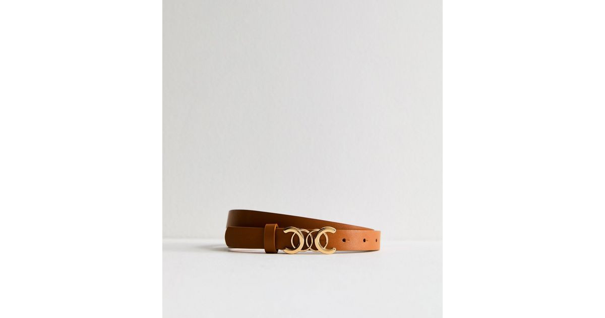 Tan Leather-Look Curved Buckle Skinny Belt | New Look | New Look (UK)