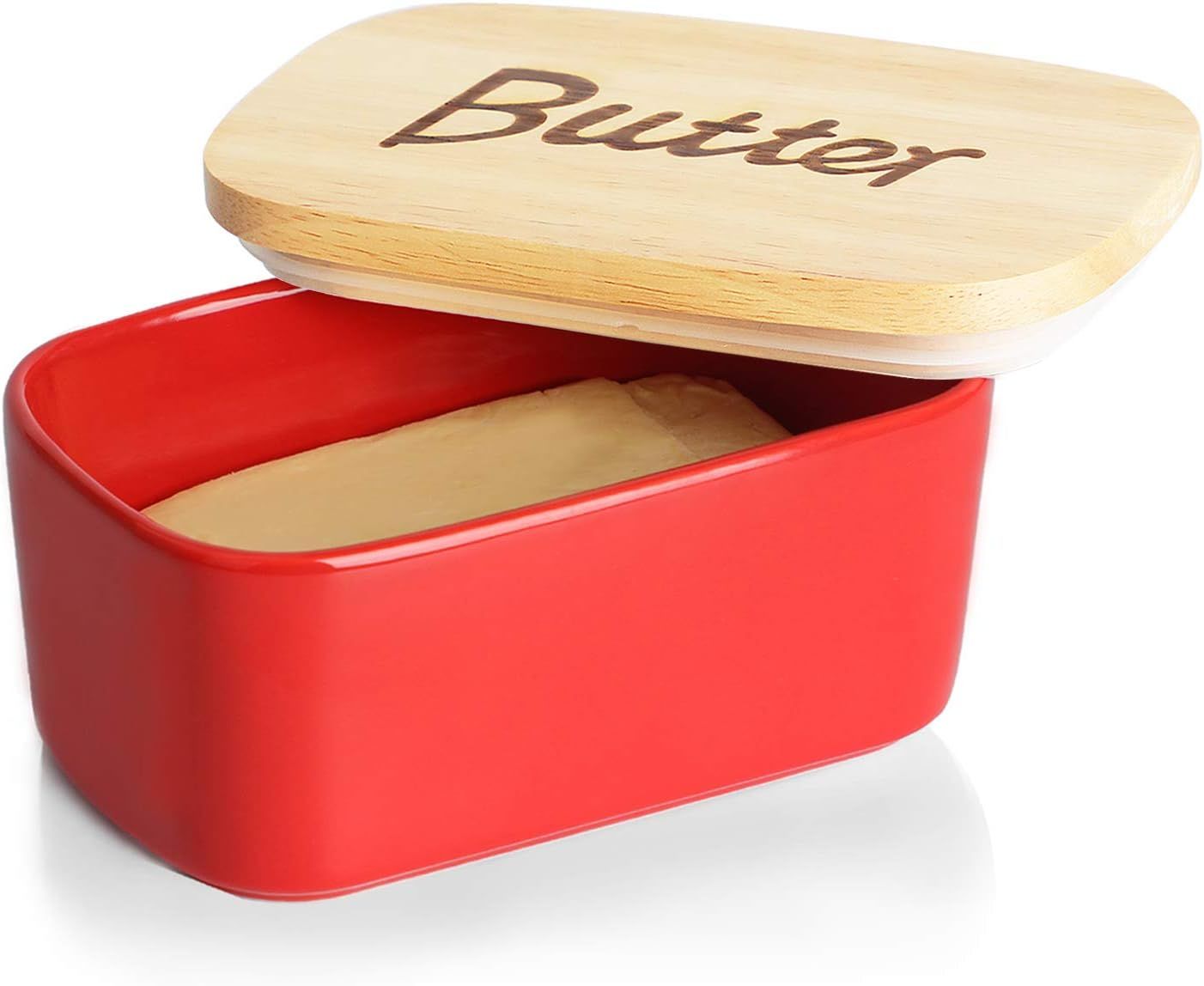 Ceramics Butter Dish with Wooden Lid- Large Covered Butter Holder for Countertop, Butter Keeper C... | Amazon (US)