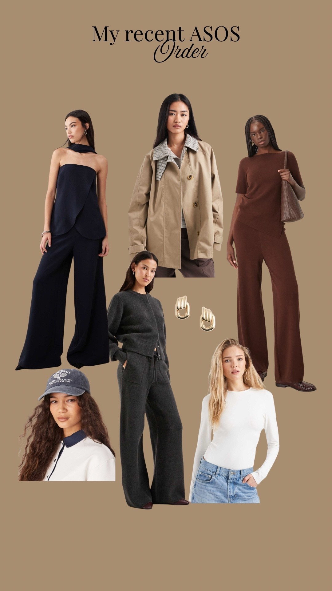 ASOS new in! Chocolate brown two piece set, trench coat, grey loungewear, gold earrings, wide leg trousers, going out outfit, date night look ✨ 

#LTKuk #LTKspring #LTKeurope