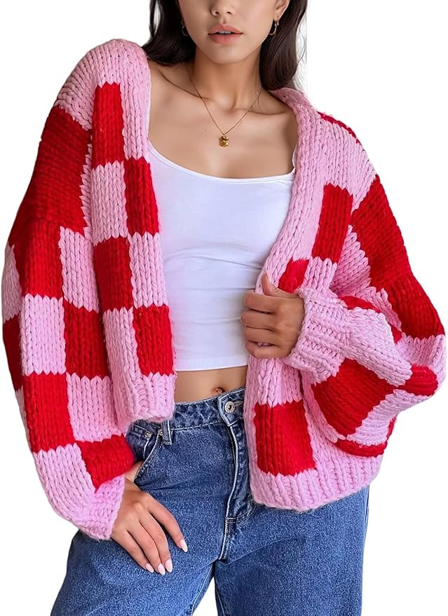 Wyeysyt Checkered Cardigan Sweaters for Women Open Front Long Sleeve Cardigan Cropped Chunky Knit... | Amazon (US)