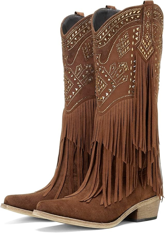 UTIKLIOU Cowboy Boots for Women Knee High Cowgirl Western Fringe Boots Rhinestone Chunky Heel Poi... | Amazon (US)