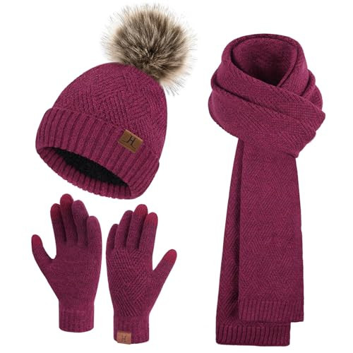 Womens Winter Warm Knit Beanie Hat Long Scarf Touchscreen Gloves Set with Fleece Lined Pom Skull Cap Gifts for Women | Amazon (US)