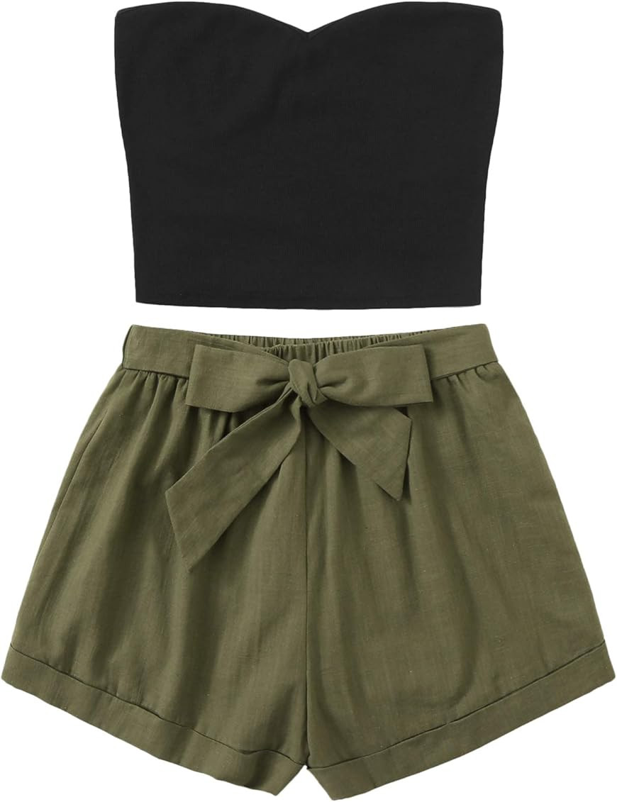 Floerns Women's 2 Piece Outfit Summer Plain Tube Crop Top with Shorts | Amazon (US)