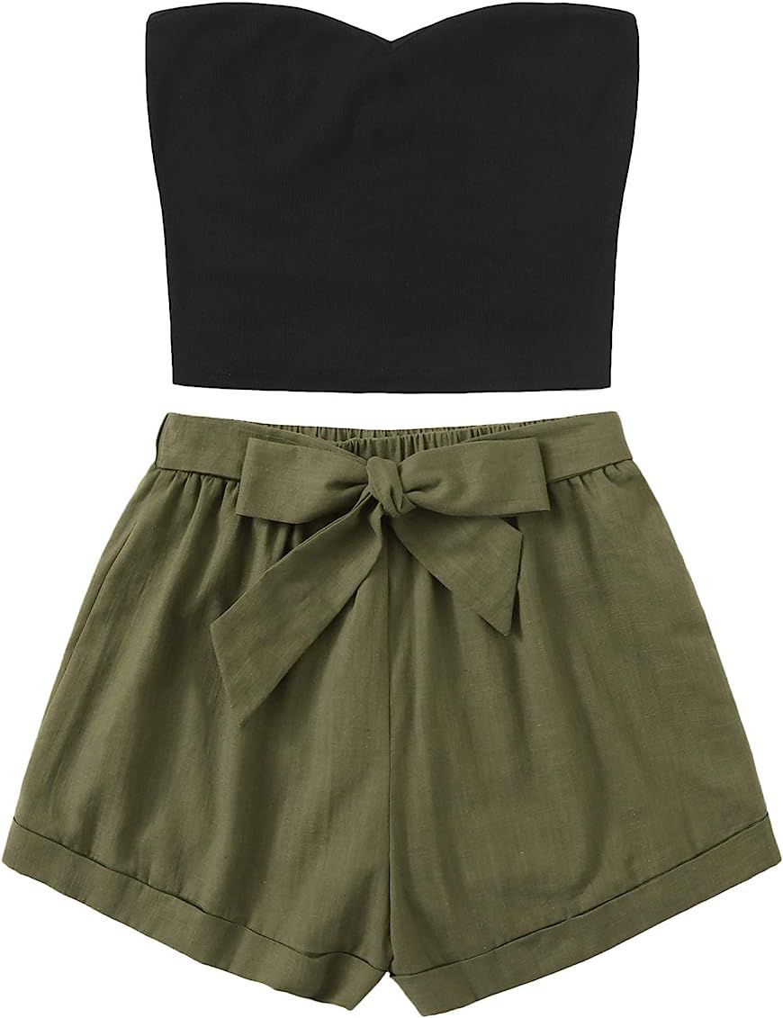 Floerns Women's 2 Piece Outfit Summer Plain Tube Crop Top with Shorts | Amazon (US)