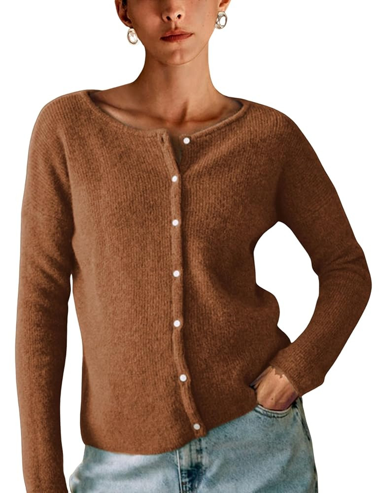 Lviefent Women Knit Cardigans Lightweight Casual Crew Neck Button Down Long Sleeve Sweater Jumper... | Amazon (US)