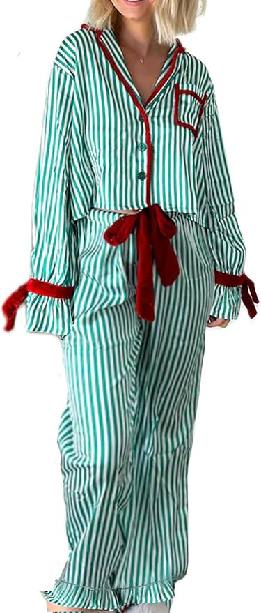 Sunloudy Christmas Pajama Sets for Women 2 Piece Bow Tie Long Sleeve Striped Shirt and Pants Xmas... | Amazon (US)