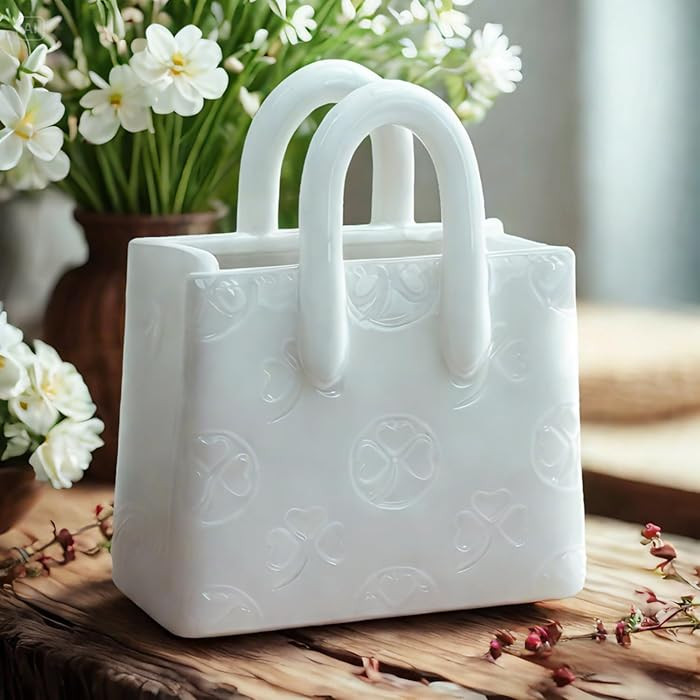 Handbag Shaped Ceramic Vase – White Small Decorative Vase with Clover Pattern, 5.9" L x 2.95" W... | Amazon (US)