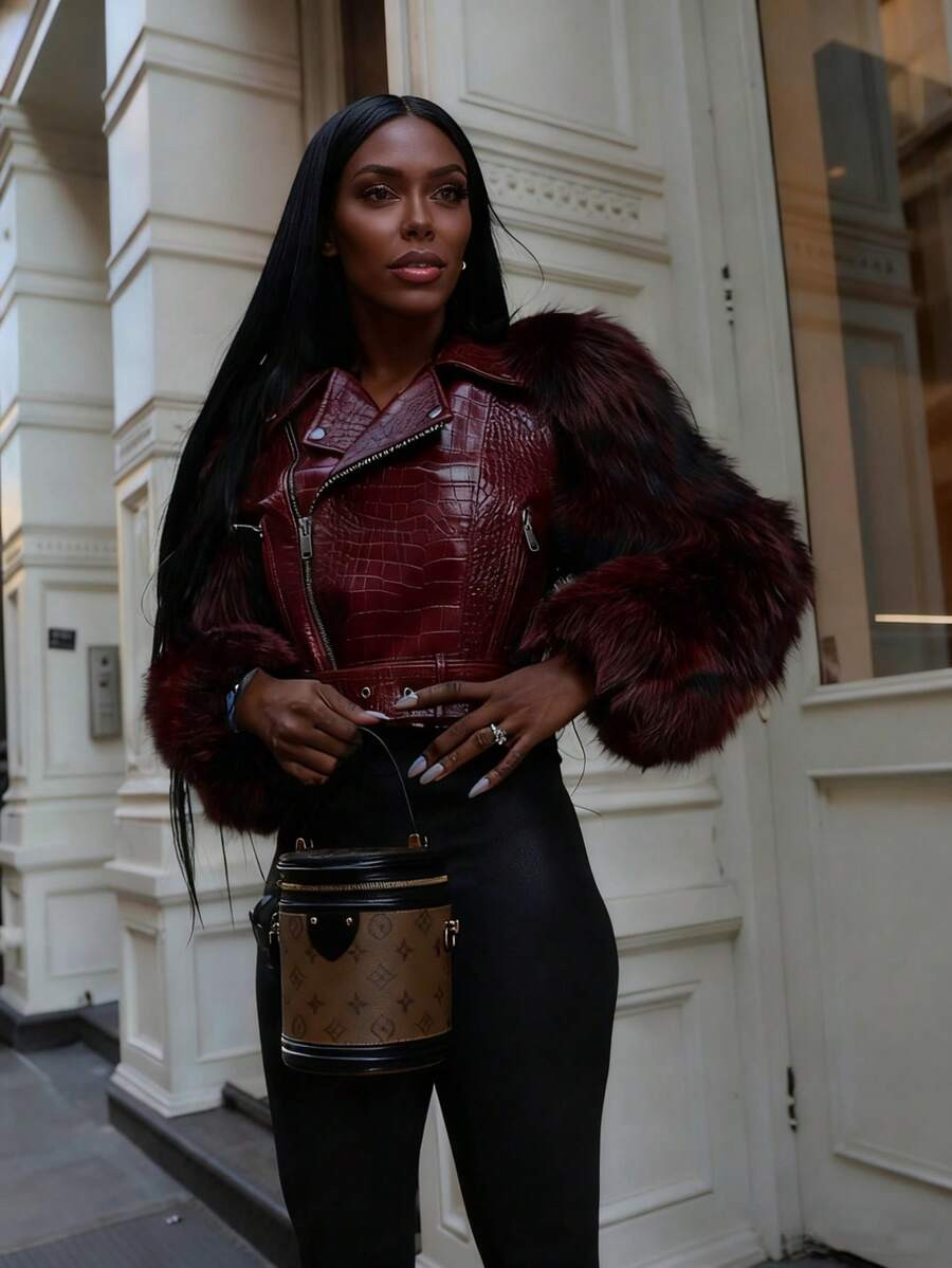 Women's Fashion Faux Fur Crocodile Print Jacket, Collar Design, Waist Belt Detail, Zipper Closure | SHEIN
