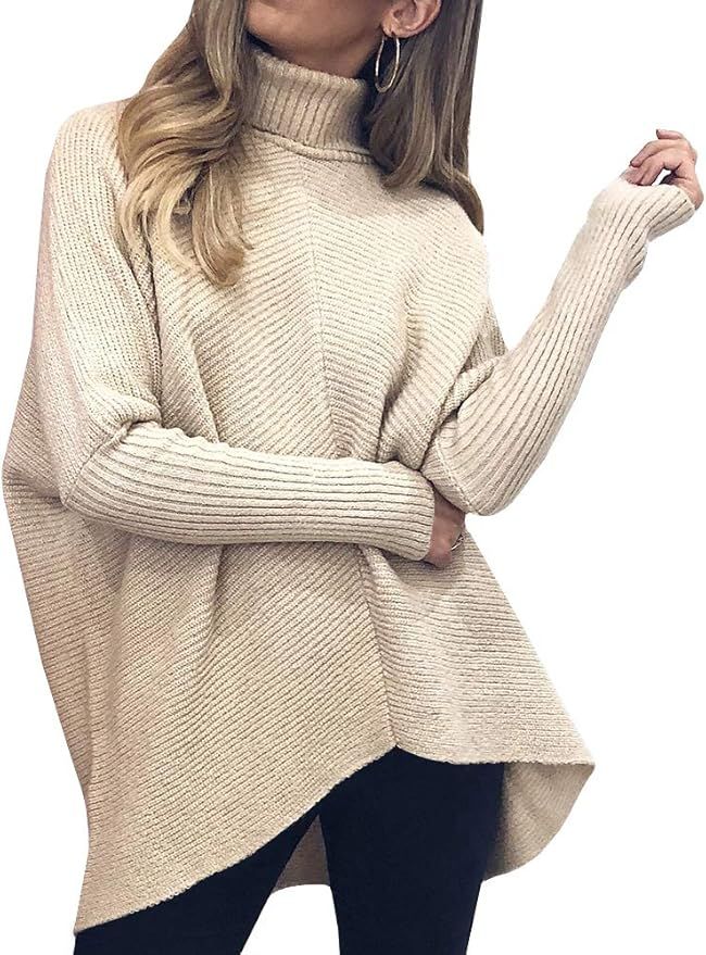 Nulibenna Womens Turtleneck Long Sleeve Sweater Asymmetric Hem Casual Winter Pullover Knit Tops | Amazon (US)