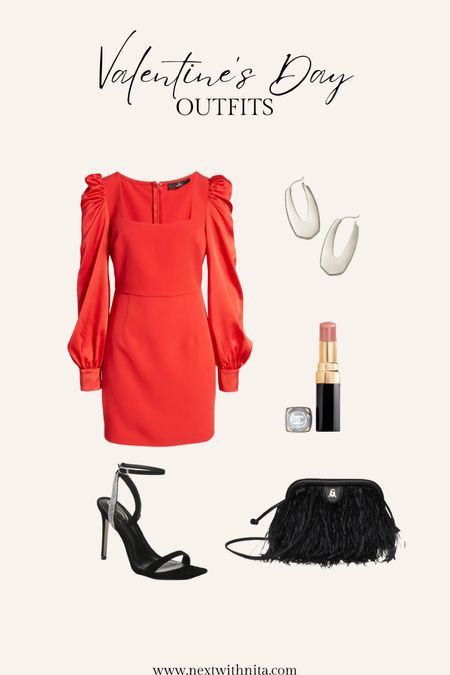 Bold Valentine’s Day outfit with red cocktail dress with puff sleeves, black heels, black feather clutch purse, silver Kendra Scott statement earrings, and nude lipstick. 

#LTKstyletip #LTKSeasonal #LTKshoecrush