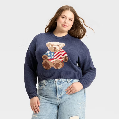 Women's Teddy Bear Flag Graphic Sweater - Navy | Target
