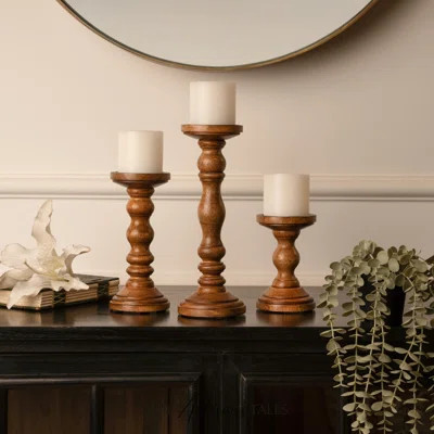 12'' Handcrafted Mango Wood Pillar Candle Holder Set – Rustic 3-Piece Set for LED Candles | Wayfair North America