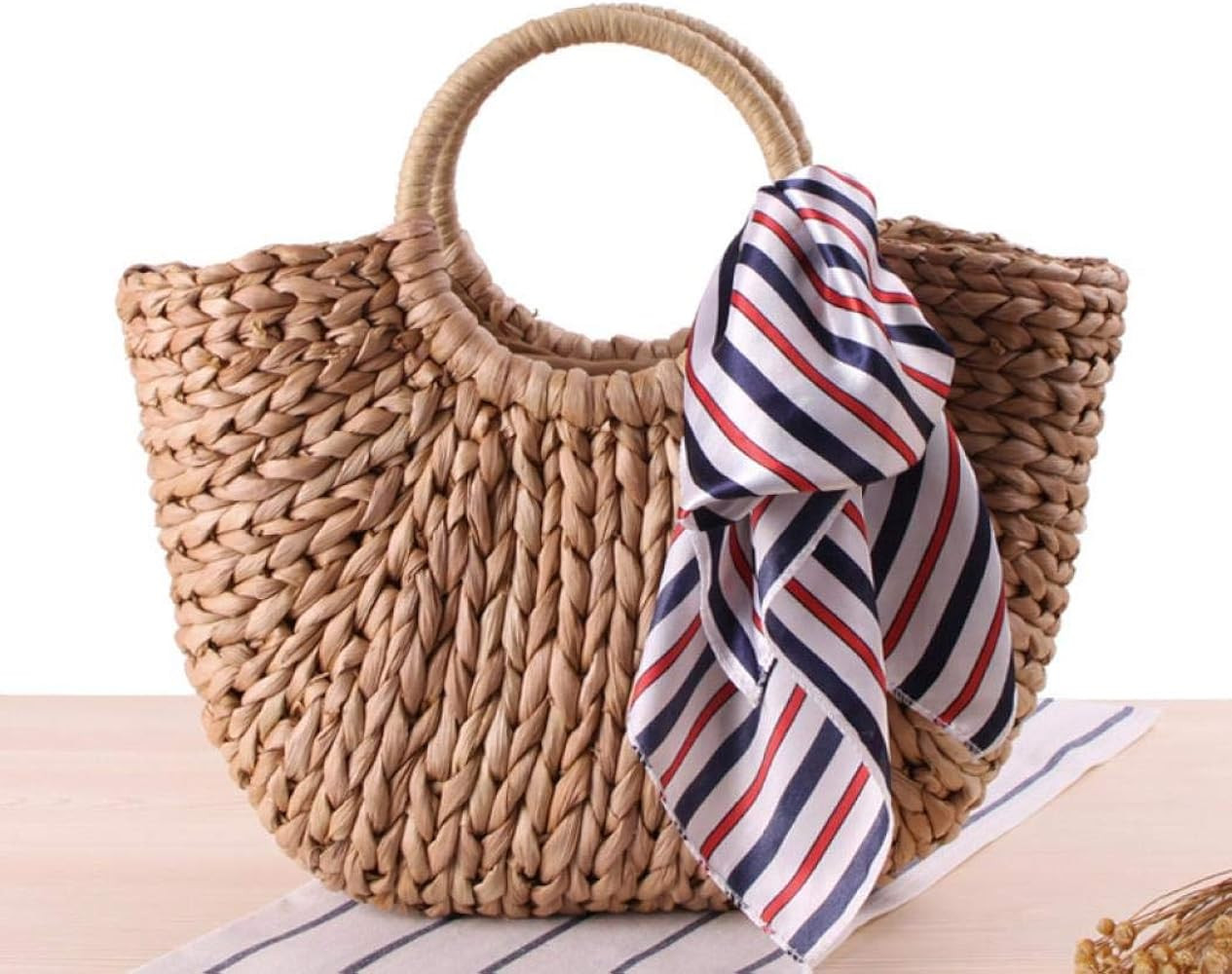 EROUGE Natural Chic Straw Bag Hand Woven Round Handle Handbags Retro Summer Beach Bag Beach Bag | Amazon (US)