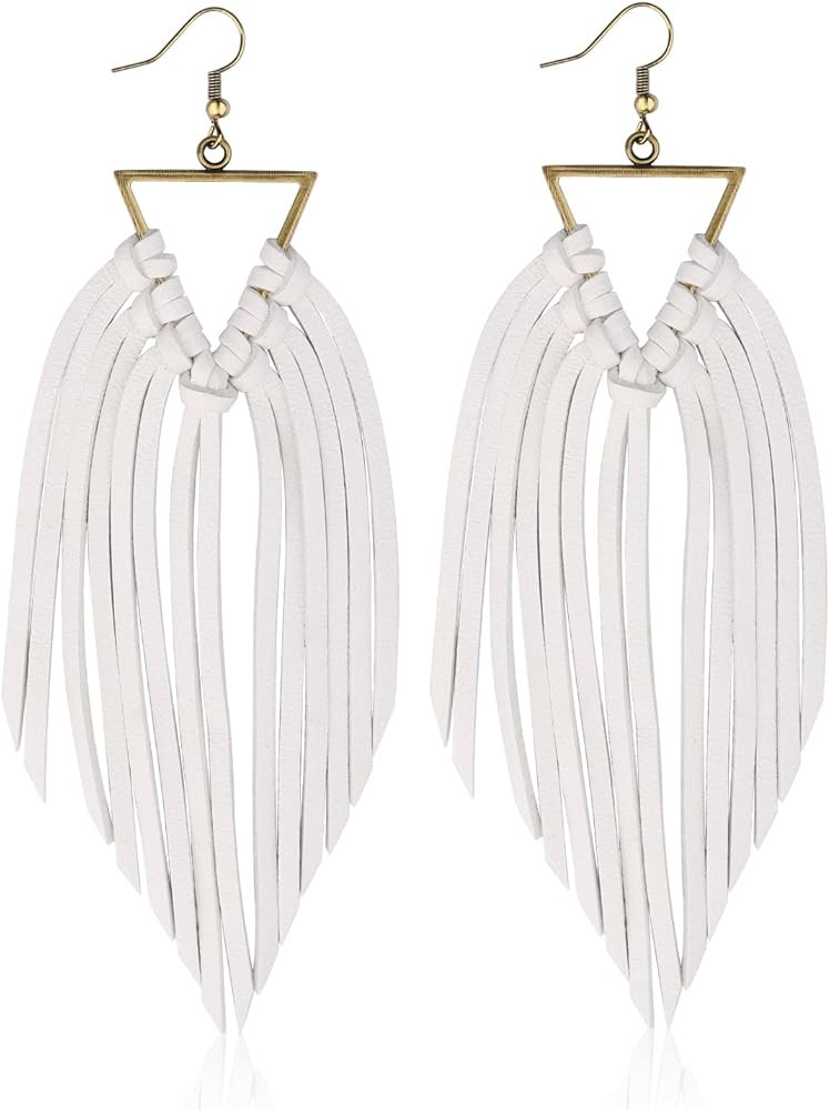 Fringe Leather Earrrings Triangle Deerskin Leather Boho Western Statement Dangel Earrings for Wom... | Amazon (US)